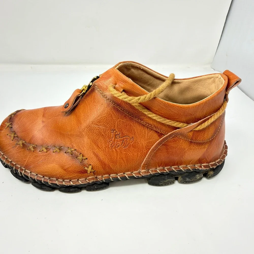 Vintage Brown Leather Front Zip Moccasin Ankle Boots Rope Accent Hand Stitched